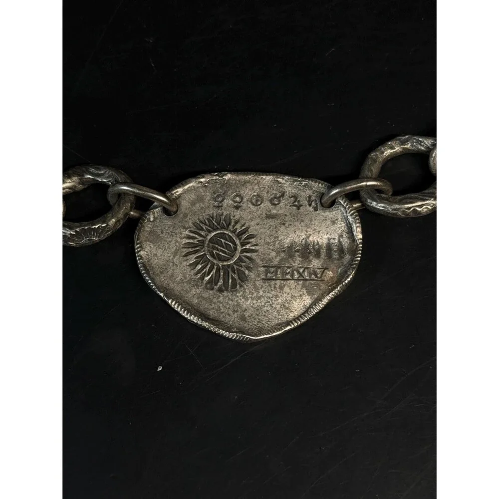 Vintage Silver Tone Celestial Medallion Necklace Chunky Textured Links 17.25